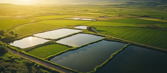 Wall Mural - aerial view of rice fields with water ponds under sunset light copy space