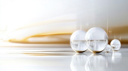 Poster - abstract composition of transparent glass spheres on a reflective surface with soft golden hues and 