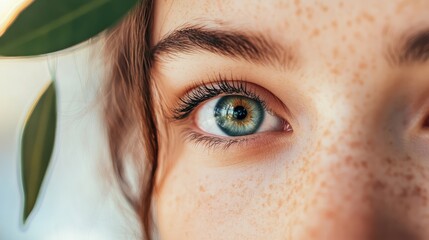 Wall Mural - close-up of a young woman's eye with vibrant blue iris and freckles, surrounded by green leaves, cop