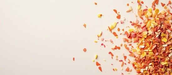 Wall Mural - colorful crushed and scattered leaves and petals on light background with copy space for text placem