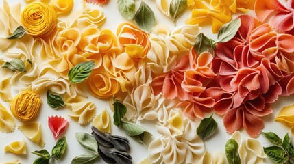 Wall Mural - Colorful Assortment of Artistic Pasta Shapes and Fresh Basil Leaves on a Bright White Background