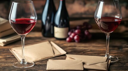 Wall Mural - Elegant red wine glasses and assorted paper envelopes on a rustic wooden table with wine bottles and grapes in the background