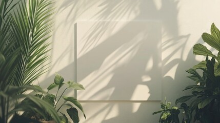 Wall Mural - Minimalist interior with blank wall frame surrounded by lush greenery and relaxing decor creating a serene atmosphere for art display.