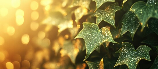 Wall Mural - Close-up of ivy leaves covered with dew captured in soft golden light with blurred background and Copy Space for text placement