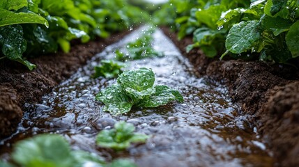 Wall Mural - Irrigation system watering leafy greens in a field