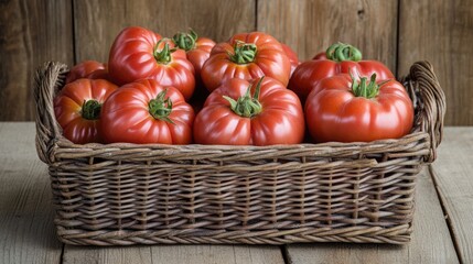 Wall Mural - Freshly harvested ripe tomatoes in a wicker basket on a rustic wooden table showcasing vibrant colors and organic farming appeal