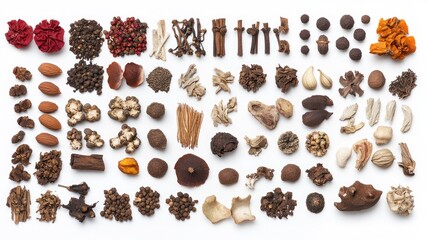 Wall Mural - Colorful Array of Dried Spices and Herbs Displayed on a White Background from Above