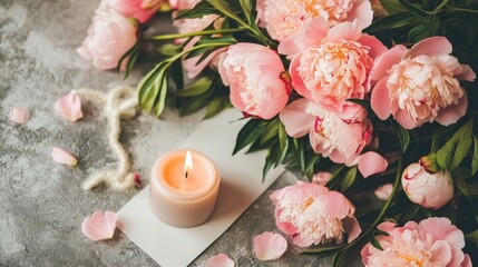 Wall Mural - Soft pink peonies and a lit candle creating a serene romantic atmosphere perfect for spring celebrations and blissful moments of love.