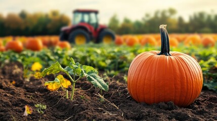 Wall Mural - Tractor working on an organic farm cultivating pumpkin crops with vibrant soil and seasonal plants showcasing lush agricultural landscape