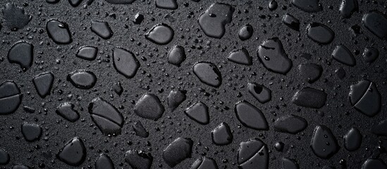 Wall Mural - Close-up view of water droplets on a black surface with high detail and texture Copy Space for text placement