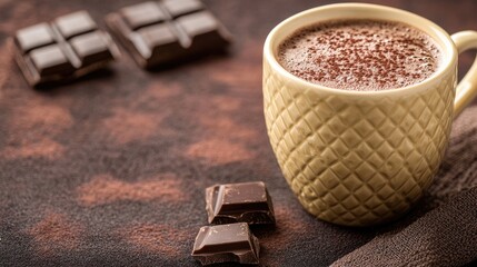 Canvas Print - Hot chocolate in an aged yellow cup on dark background with chocolate pieces and empty space for text or branding placement