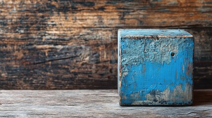 Wall Mural - Rustic wooden cube with aging blue paint on textured backdrop featuring ample empty space for text or graphic inclusion