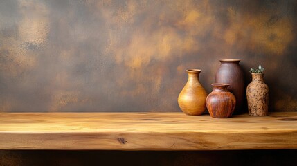 Wall Mural - Handcrafted Solid Pine Furniture with Decorative Pottery on Wooden Shelf Against Artistic Textured Background