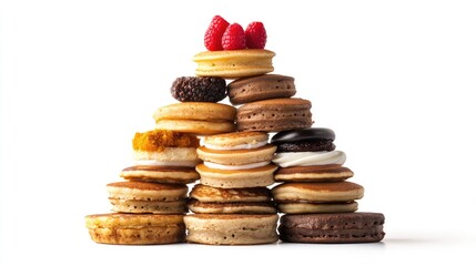 Poster - Assorted pancake stack with toppings in a pyramid shape on white background showcasing culinary creativity and deliciousness