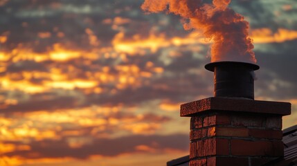 Wall Mural - chimney with smoke against a dramatic sunset sky with colorful clouds and copy space for text.