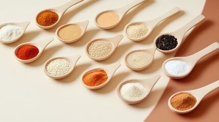 Wall Mural - Assorted spices and sesame milk displayed in wooden spoons and bowls for a colorful breakfast food dip composition