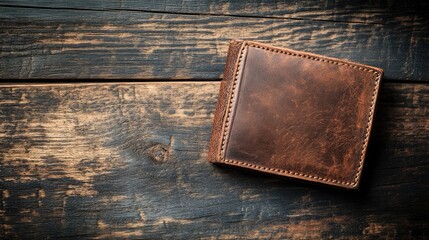 Wall Mural - Aged leather wallet on rustic wooden table with blank space for text or branding in a vintage and elegant setting