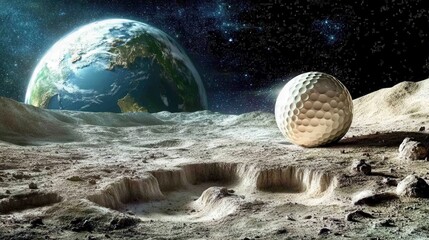 a golf ball bouncing on the moon, earth in background