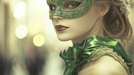 woman wearing a green masquerade fillegree, bokeh lights, 