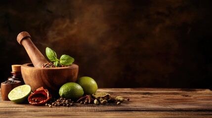 Wall Mural - Traditional Wooden Mortar and Pestle with Fresh Spices and Citrus Fruits on Rustic Table with Dark Background for Text Overlay