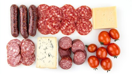 Wall Mural - Assorted cured meats cheeses and fresh cherry tomatoes arranged on a white background for a gourmet food display