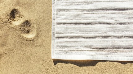 White Striped Beach Mat with Footprints on Wet Sand by the Shoreline in Bright Natural Lighting