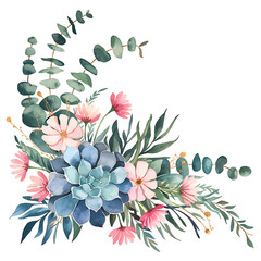 Wall Mural - frame with blue and pink flowers, eucalyptus leaves, watercolor illustration, isolated on white 