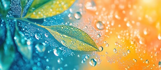 Wall Mural - close-up of green leaves with water droplets on a colorful background featuring soft focus and copy 