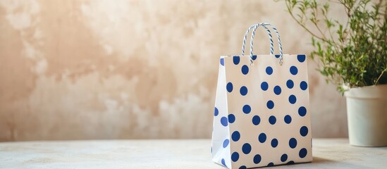 Wall Mural - Elegant white gift bag with blue polka dots positioned on a dappled light background featuring subtle textures and empty space for custom text.