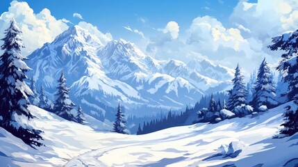 Wall Mural - Winter landscape with majestic snow-covered mountains under a clear blue sky and bright sunlight illuminating the serene snowy terrain.