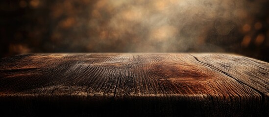 Wall Mural - dark wooden tabletop with rich grain texture against a blurred bokeh background perfect for showcasi
