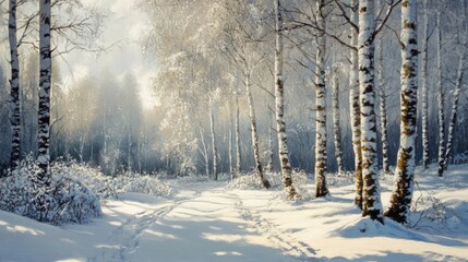 Wall Mural - Serene winter landscape featuring a birch forest blanketed in snow with soft sunlight filtering through the trees.