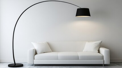 Poster - Bright and minimalist living room interior featuring a sleek white sofa against a white wall, complemented by a stylish black floor lamp and light wooden floor.