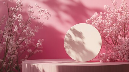 Wall Mural - cosmetic product mockup on light pink background with shadows and white flowers in minimalist settin