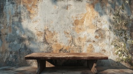 Wall Mural - weathered corroded cement wall with warm tones and rustic wooden table in soft natural light ideal f