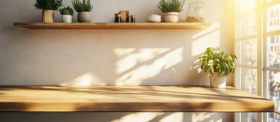 Wall Mural - sunlit kitchen wooden board and pedestal with decorative shelves perfect for showcasing product mock