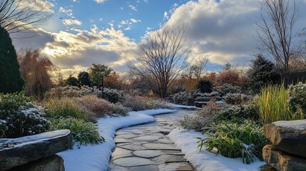 Wall Mural - Winter Garden Pathway with Snowy Landscape and Dramatic Cloudy Sky