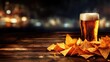 © AIArtistry - Delicious nachos and frosty draft beer on rustic wooden table perfect for nightclubs bars and restaurants with space for text or advertising