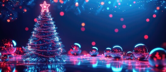 Canvas Print - Neon Christmas Tree and Mirror Balls with Blue Light Background and Empty Space for Text in Abstract Festive Holiday Theme