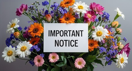 Wall Mural - important notice lettering on plain white card on bouquet of flowers background