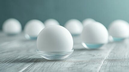 Wall Mural - modern minimalist corporate boardroom with white spheres on light wooden surface and soft blue backg