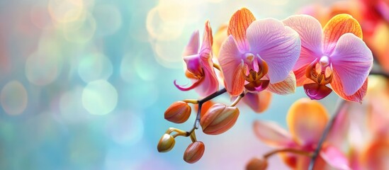 Poster - Vibrant blooming orchids with soft bokeh background and ample empty space for elegant text placement or promotional use