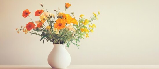 Canvas Print - Elegant arrangement of orange and yellow wildflowers in a white vase with neutral background suitable for adding text or design elements