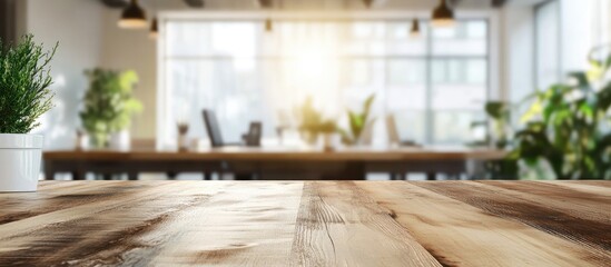 Canvas Print - Abstract Motion Blur in Modern Office Space With Wooden Table and Bright Natural Light for Text Placement