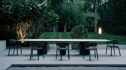 Wall Mural - Outdoor dining set on patio with lush garden backdrop.