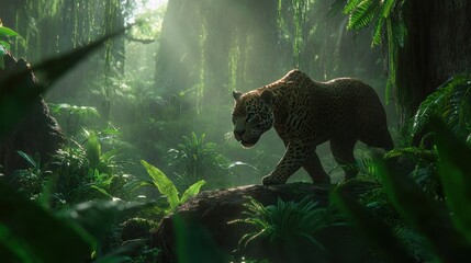 Poster - Majestic jaguar walks through lush rainforest, sunlight filtering through canopy.