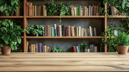 Sticker - Wooden table with bookshelves and green plants in modern library setting empty space for text high quality photo background