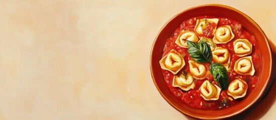 Sticker - Fresh Italian Tomato Pasta with Tortellini Served in a Bowl on a Light Background with Copy Space for Text