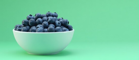 Canvas Print - Bowl of fresh organic blueberries on vibrant green background with ample copyspace for promotional or editorial text