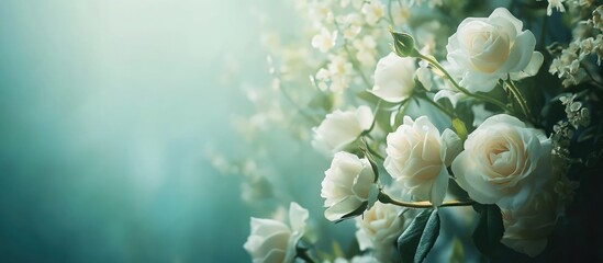 Elegant white rose bouquet in a serene setting with soft lighting and ample space for personalized text or message